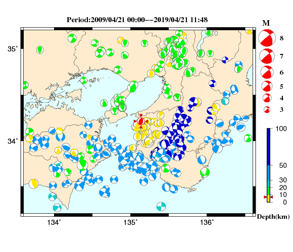 過去に起きた地震の初動発震機構解