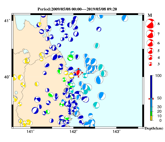 過去に起きた地震の初動発震機構解