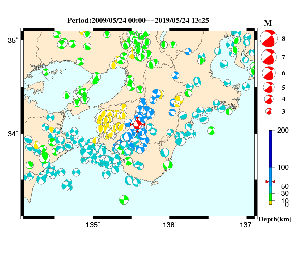 過去に起きた地震の初動発震機構解