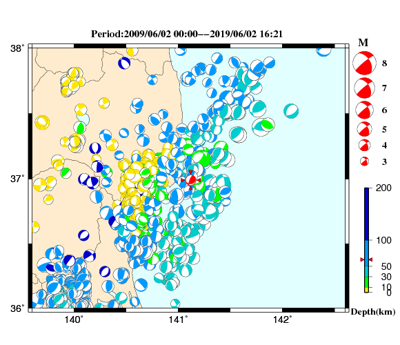 過去に起きた地震の初動発震機構解