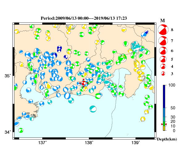 過去に起きた地震の初動発震機構解