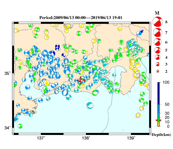 過去に起きた地震の初動発震機構解
