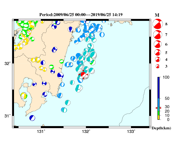 過去に起きた地震の初動発震機構解