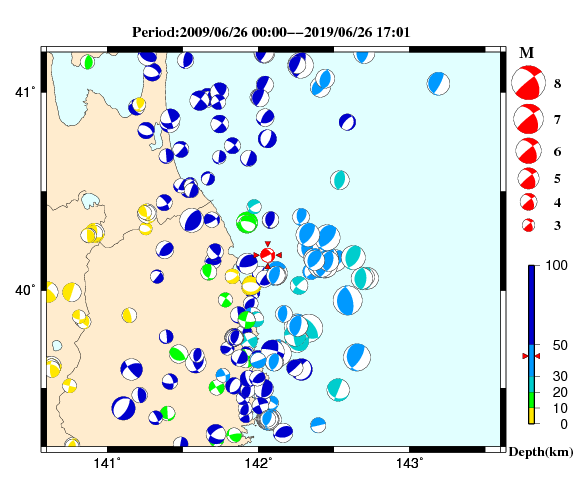 過去に起きた地震の初動発震機構解