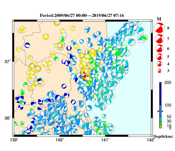 過去に起きた地震の初動発震機構解