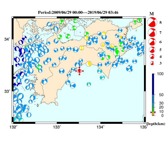 過去に起きた地震の初動発震機構解
