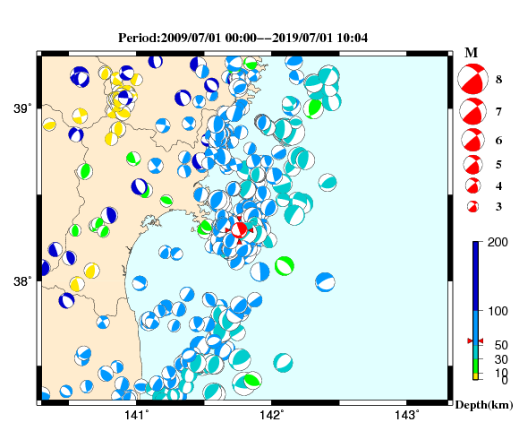 過去に起きた地震の初動発震機構解