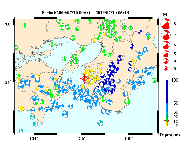過去に起きた地震の初動発震機構解