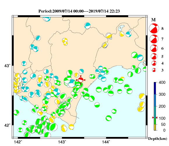 過去に起きた地震の初動発震機構解