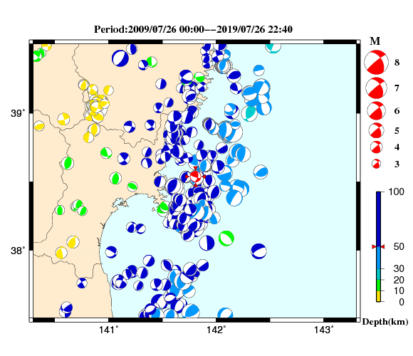 過去に起きた地震の初動発震機構解