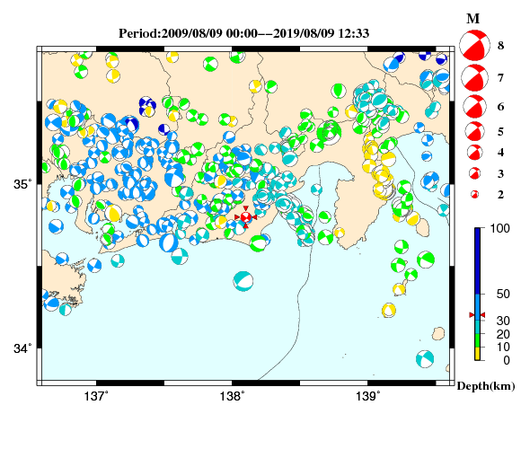 過去に起きた地震の初動発震機構解