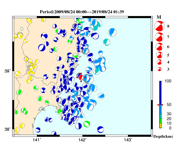 過去に起きた地震の初動発震機構解