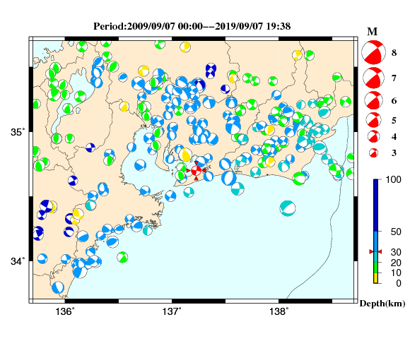 過去に起きた地震の初動発震機構解
