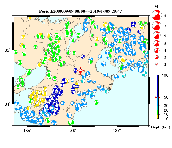 過去に起きた地震の初動発震機構解