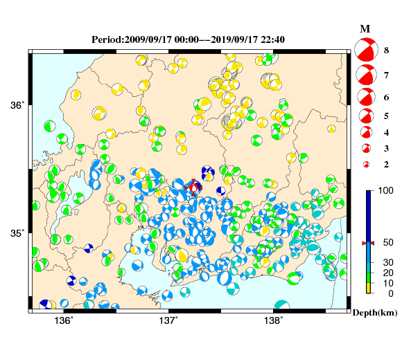過去に起きた地震の初動発震機構解
