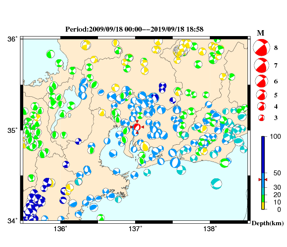過去に起きた地震の初動発震機構解