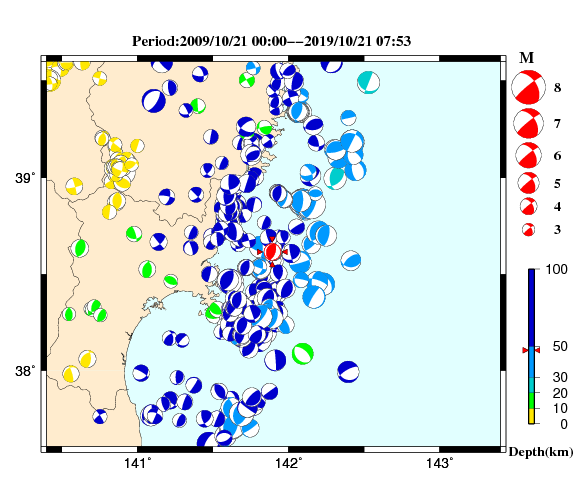 過去に起きた地震の初動発震機構解