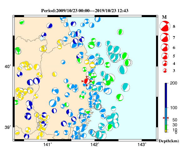 過去に起きた地震の初動発震機構解