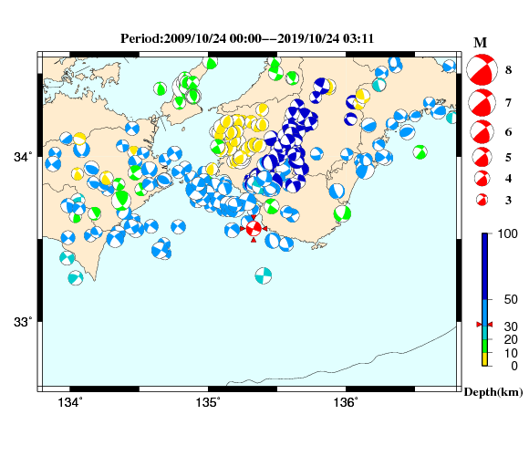 過去に起きた地震の初動発震機構解