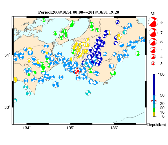 過去に起きた地震の初動発震機構解