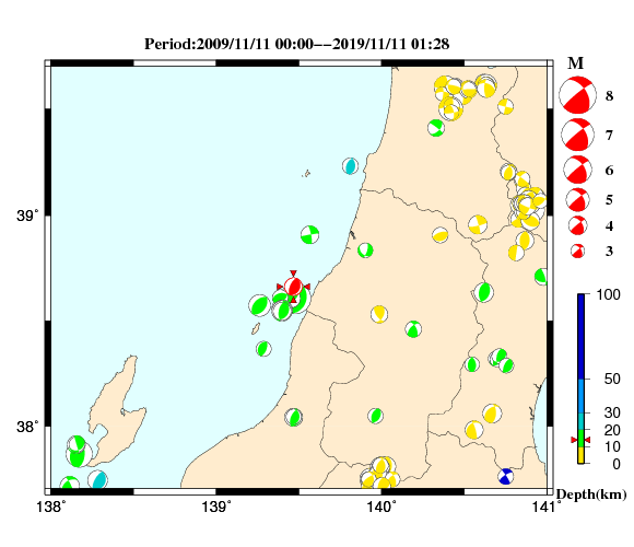 過去に起きた地震の初動発震機構解
