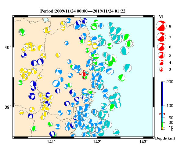 過去に起きた地震の初動発震機構解