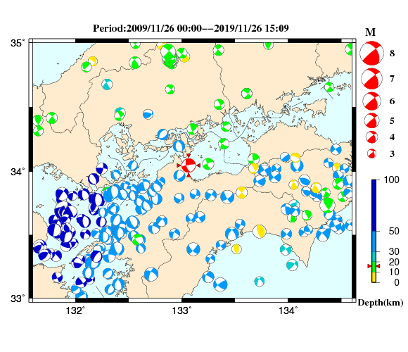 過去に起きた地震の初動発震機構解