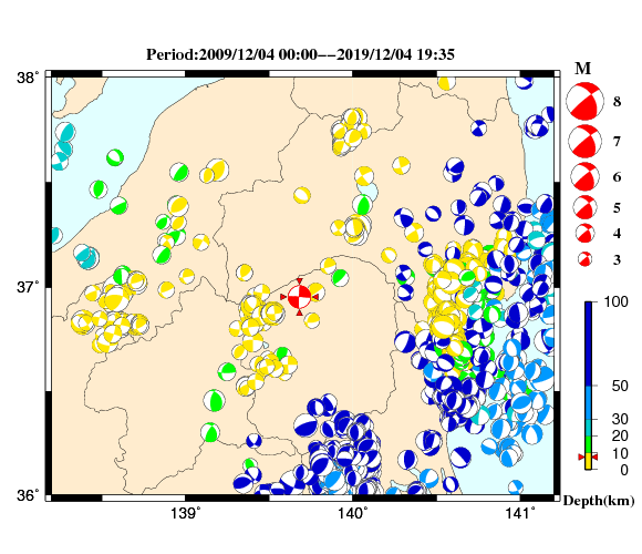 過去に起きた地震の初動発震機構解