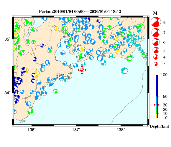 過去に起きた地震の初動発震機構解