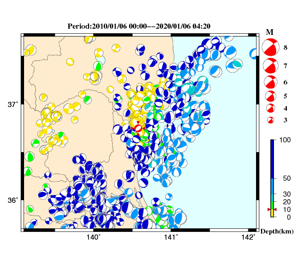 過去に起きた地震の初動発震機構解