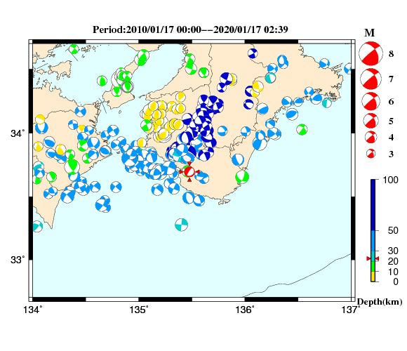 過去に起きた地震の初動発震機構解