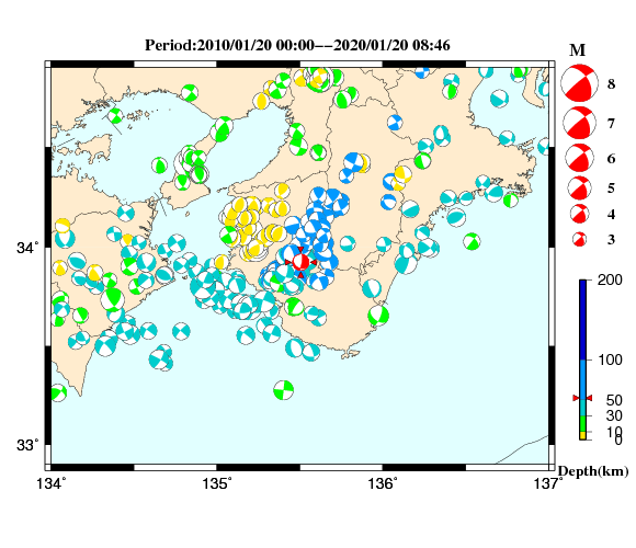 過去に起きた地震の初動発震機構解