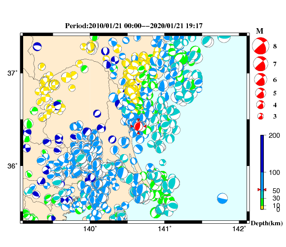 過去に起きた地震の初動発震機構解