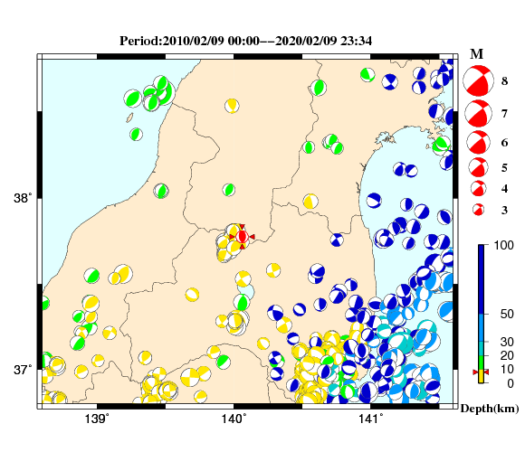 過去に起きた地震の初動発震機構解