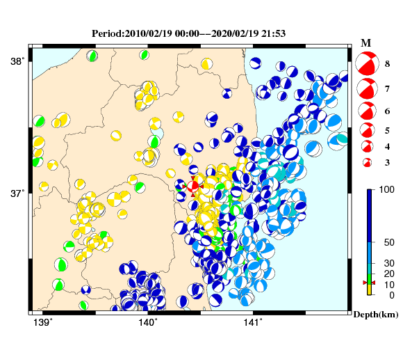 過去に起きた地震の初動発震機構解