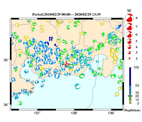 過去に起きた地震の初動発震機構解