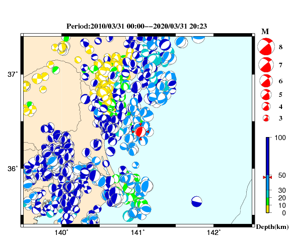 過去に起きた地震の初動発震機構解