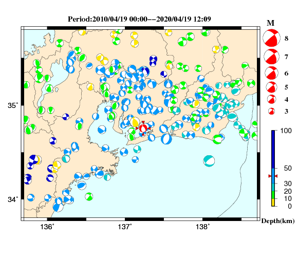 過去に起きた地震の初動発震機構解