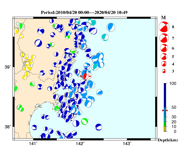 過去に起きた地震の初動発震機構解