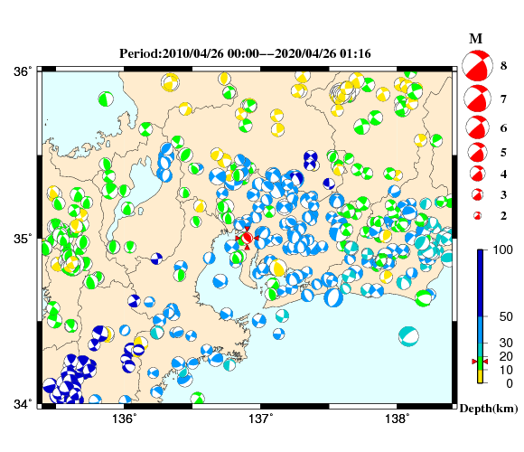 過去に起きた地震の初動発震機構解
