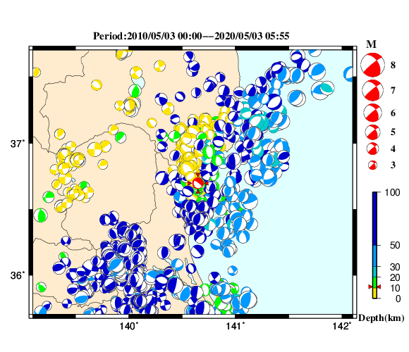 過去に起きた地震の初動発震機構解