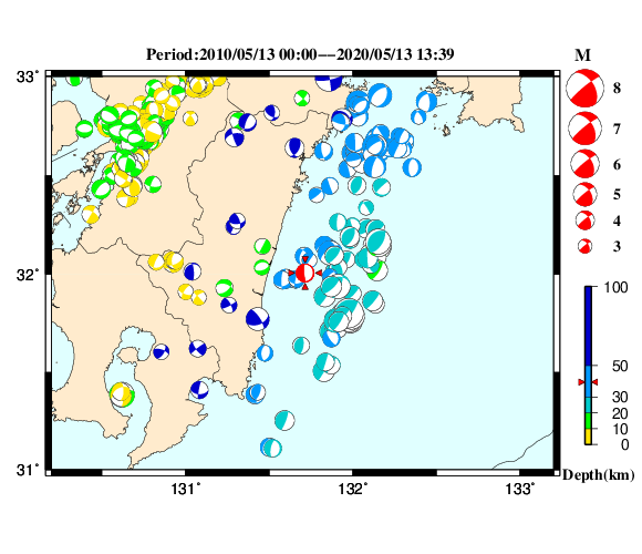 過去に起きた地震の初動発震機構解