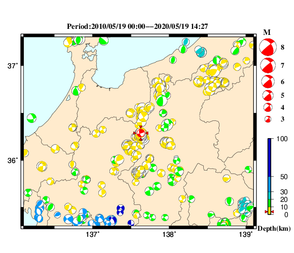 過去に起きた地震の初動発震機構解