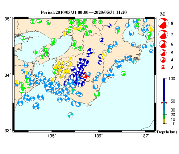 過去に起きた地震の初動発震機構解