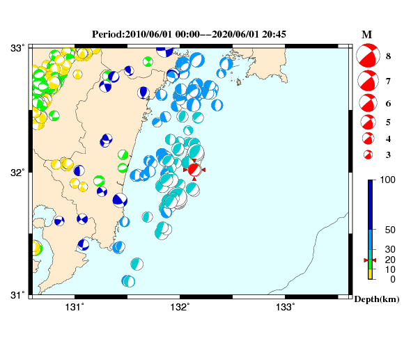 過去に起きた地震の初動発震機構解
