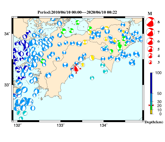 過去に起きた地震の初動発震機構解