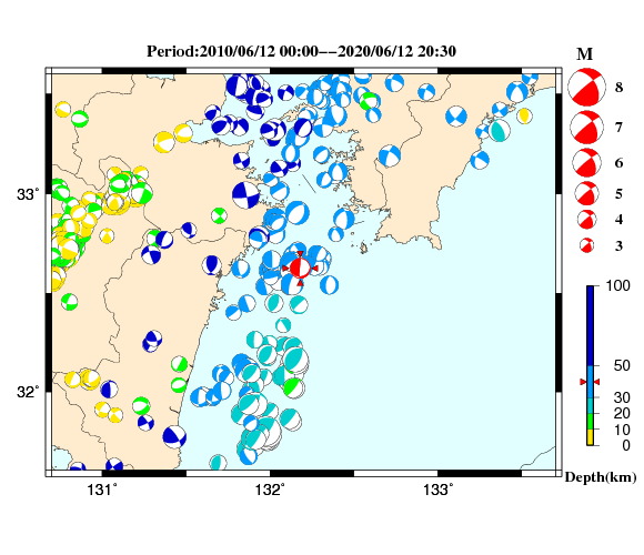 過去に起きた地震の初動発震機構解