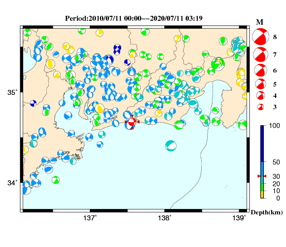過去に起きた地震の初動発震機構解