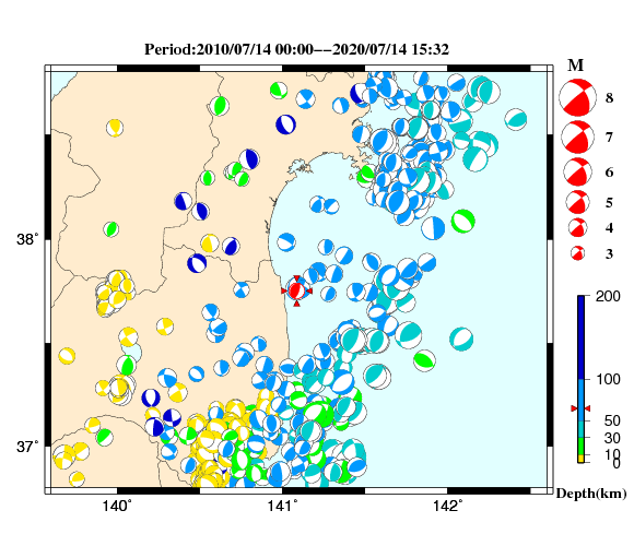 過去に起きた地震の初動発震機構解