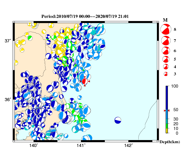 過去に起きた地震の初動発震機構解